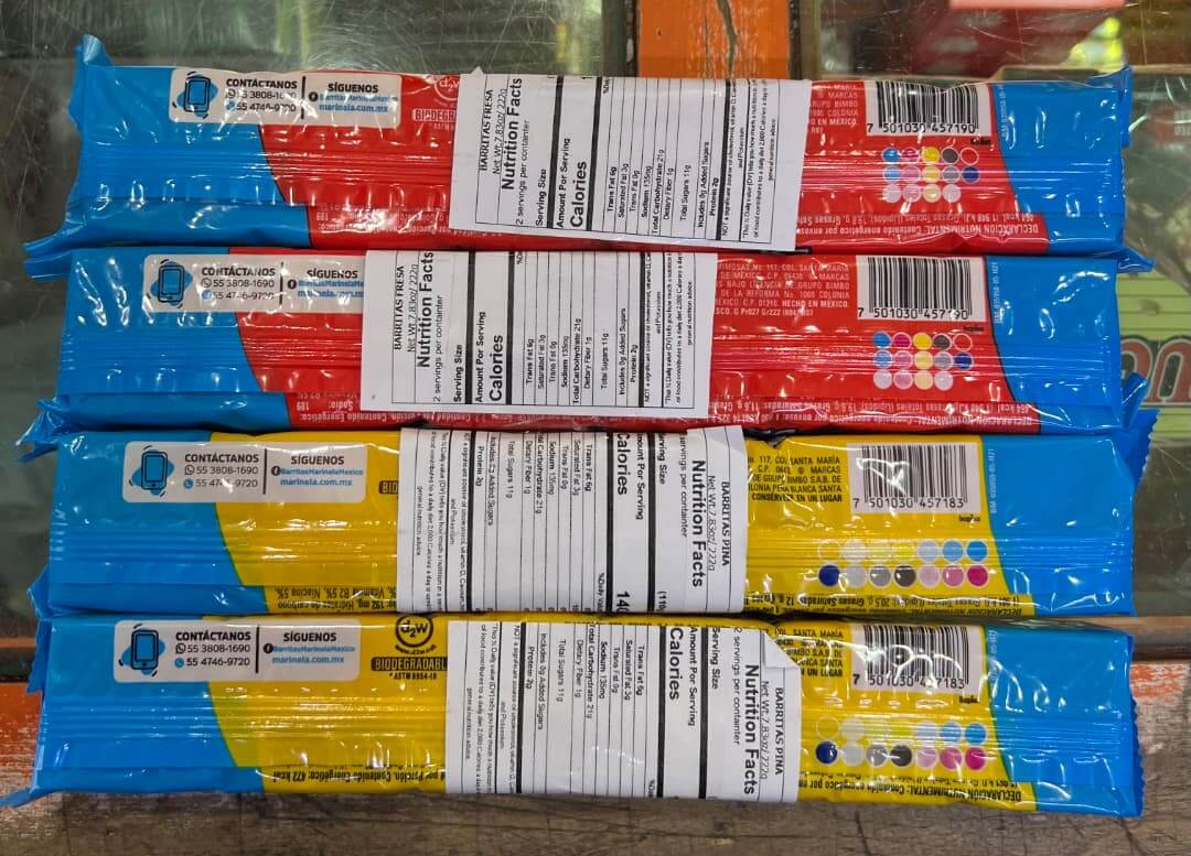 Barritas Mini Variety Pack of 4 featuring strawberry and pineapple flavors, showcasing nutritional facts on packaging.