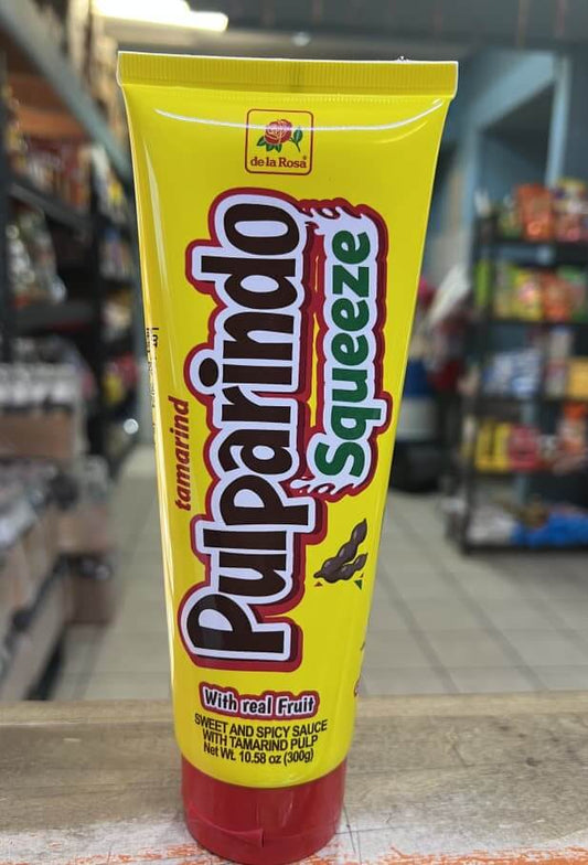 De La Rosa Pulparindo Squeeze Tube, 10.58 oz, with real fruit, sweet and spicy tamarind sauce.