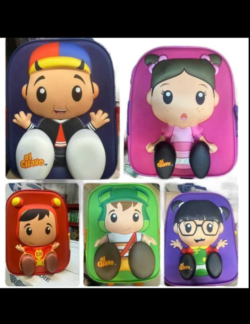 El Chavo del Ocho 3D backpacks featuring colorful character designs for kids, officially licensed merchandise.