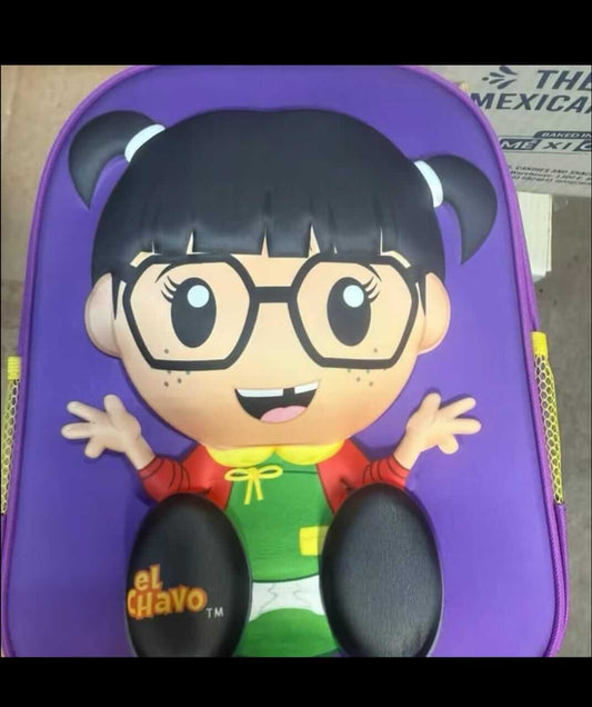 El Chavo del Ocho 3D backpack featuring a cheerful character design with glasses and a purple background.