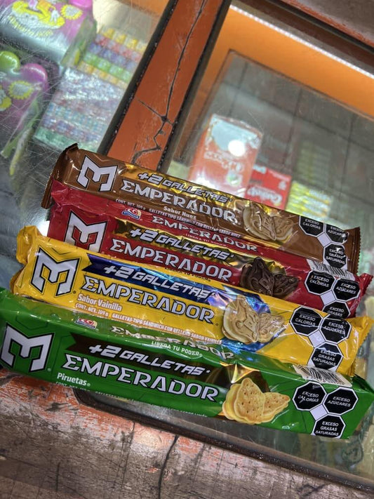 Emperador Cookies 4 pack featuring various flavors in colorful packaging on display.