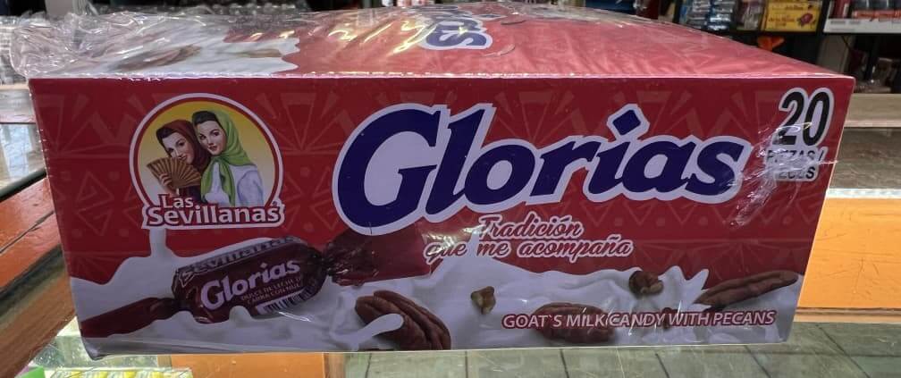 Las Sevillanas Glorias: Goat's milk candy with pecans, 20-pack box, a beloved Mexican classic.