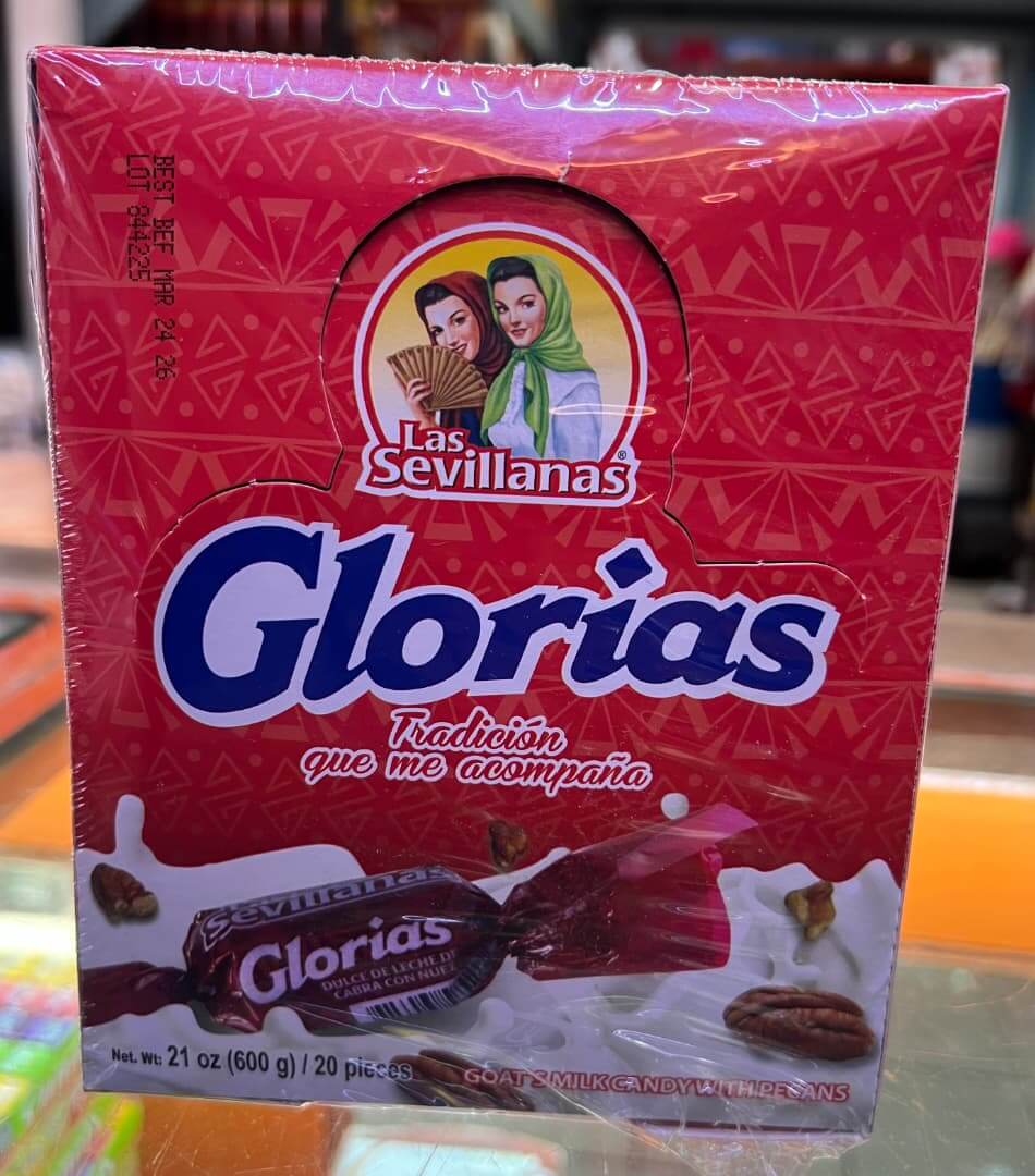 Las Sevillanas Glorias candy box with goat's milk and pecans, 20 pack, showcasing traditional Mexican sweets.