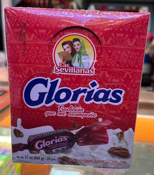 Las Sevillanas Glorias candy box with goat's milk and pecans, 20 pack, showcasing traditional Mexican sweets.