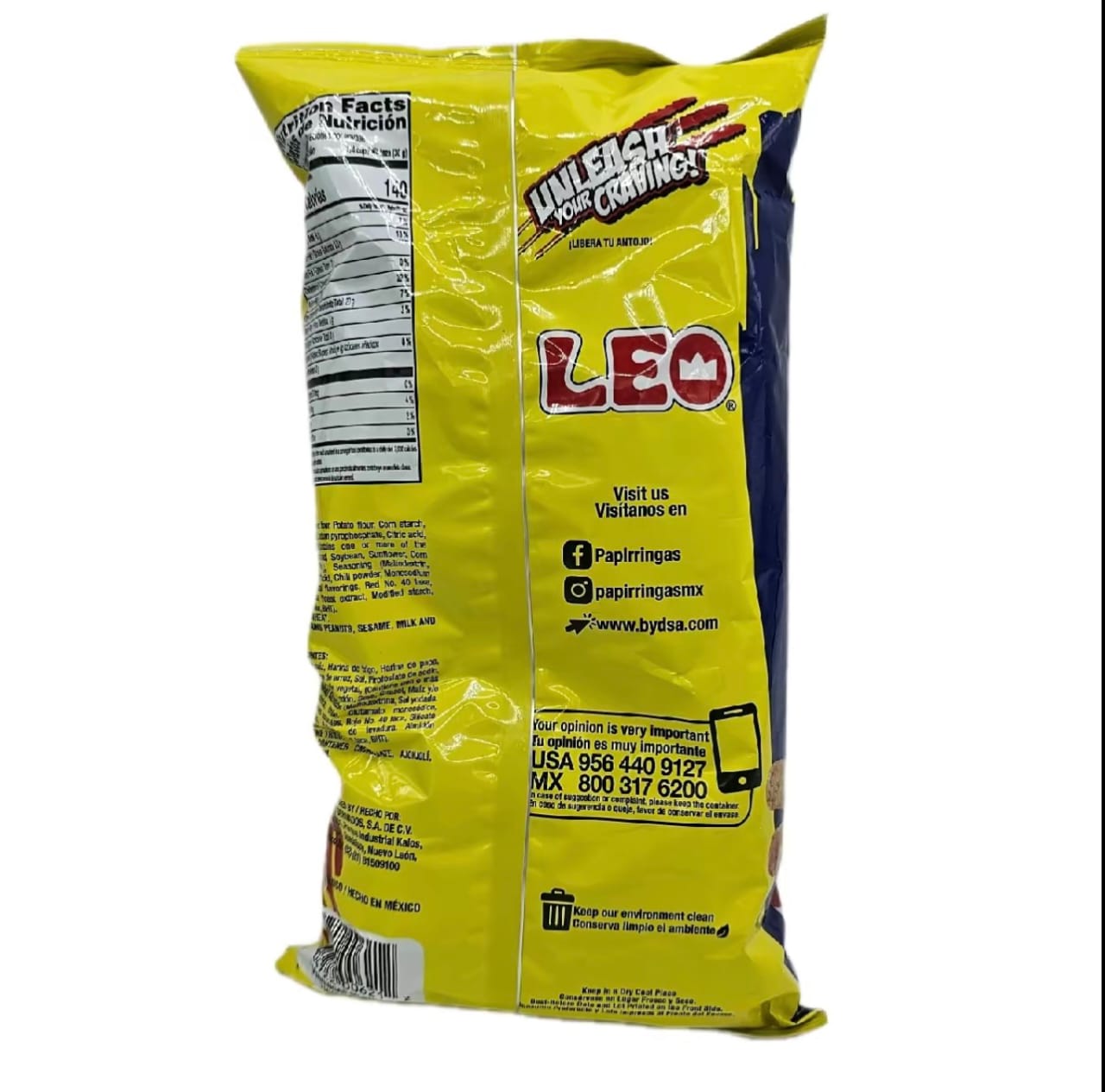 Leo Papirringas Seasoned Snack bag featuring bold colors and nutrition information, perfect for gatherings and snacking.