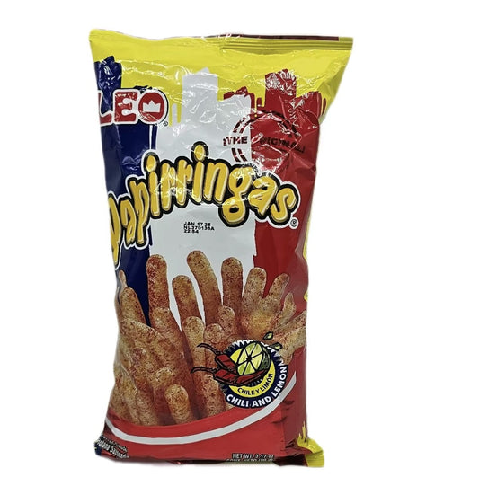 Leo Papirringas Chili & Lemon flavored seasoned snack, perfect for gatherings or everyday snacking.