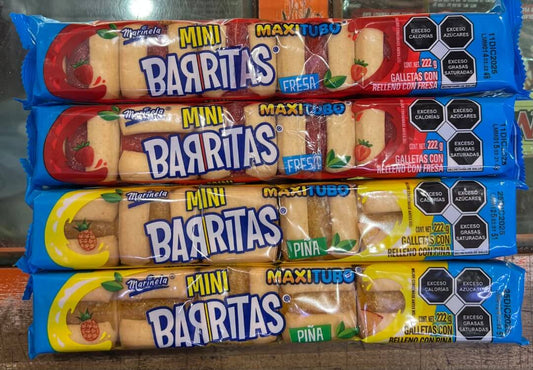 Mini Barritas variety pack featuring strawberry and pineapple flavors, a classic Mexican treat, soft and delicious.