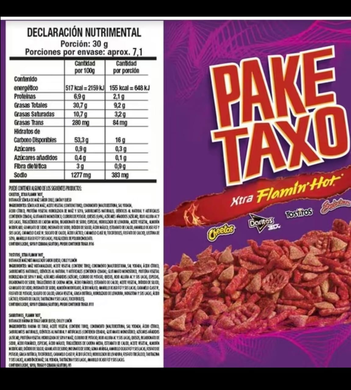 Paketaxo Flamin' Hot snack nutrition label showing ingredients and nutritional information.