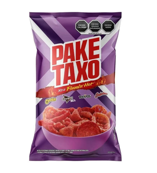 Paketaxo Flamin' Hot snack pack featuring spicy cheese chips and bold flavors in a vibrant purple bag.