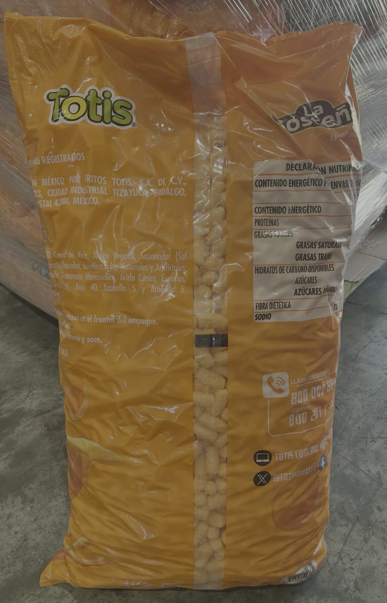 Que Totis 3 kg bag of cheesy corn snacks, perfect crunchy snack with cheddar flavor.