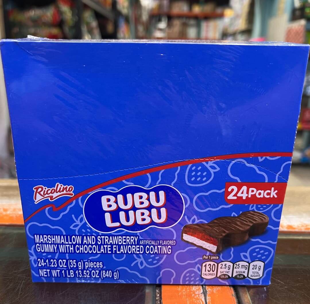 RICOLINO BUBULUBU 24-Pack display of marshmallow and strawberry gummy chocolate bars, featuring soft chewy treats.