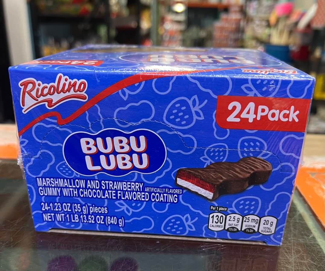 Ricolino Bubulubu 24-pack display of chocolate-covered marshmallow and strawberry gummy bars.