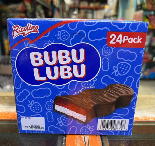 RICOLINO BUBULUBU 24-Pack Display of Chocolate Marshmallow Bars featuring marshmallow, strawberry jelly, and chocolate coating.