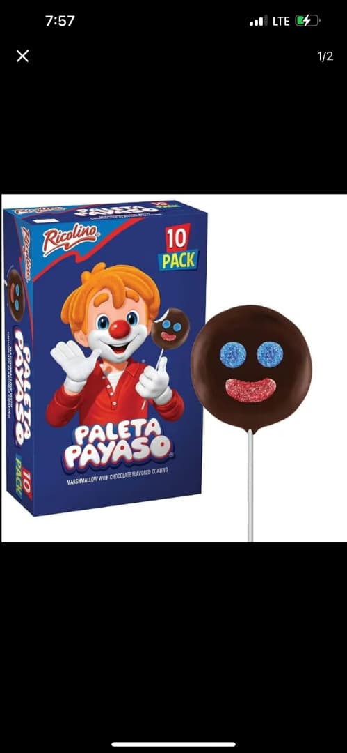 Ricolino Paleta Payaso 10 pcs box featuring a chocolate-coated marshmallow lollipop with a clown character.