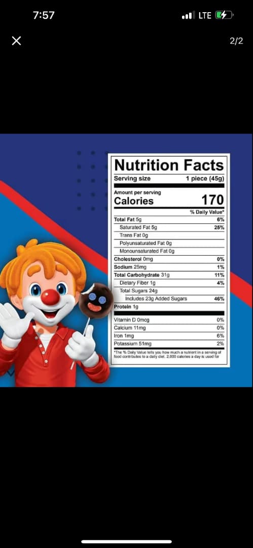 Nutrition facts for Ricolino Paleta Payaso Marshmallow Lollipop showing calories and ingredient details