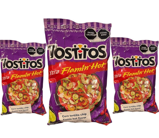 Tostitos Flamin' Hot tortilla chips bags, spicy snack, bold flavor, perfect for snacking, 62g each, three bags