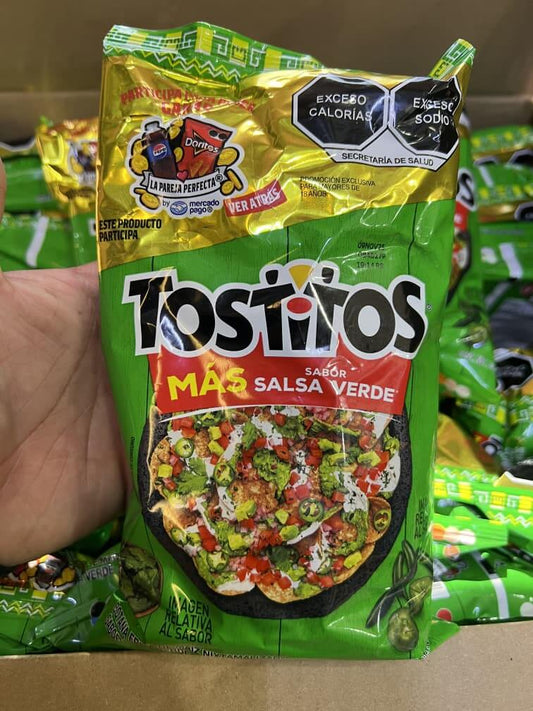 Tostitos Salsa Verde tortilla chips bag featuring bold green packaging, perfect for flavorful snacking.